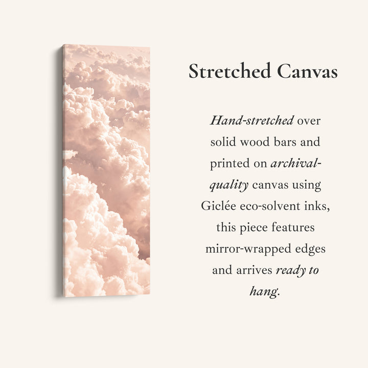 Long Narrow Wall Art Blush Pink Cloudscape for Bedroom, full artwork view of this tall vertical canvas