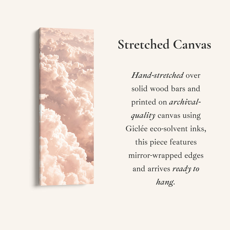 Long Narrow Wall Art Blush Pink Cloudscape for Bedroom, full artwork view of this tall vertical canvas