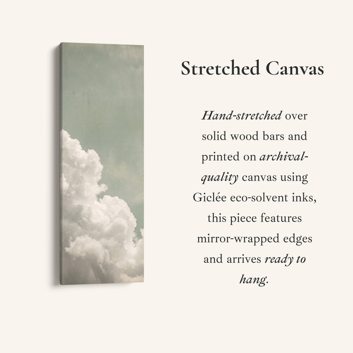 White Clouds on a Sage Sky Vertical Wall Art for Living Room, full artwork view of this tall vertical canvas