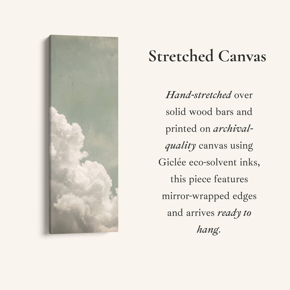 White Clouds on a Sage Sky Vertical Wall Art for Living Room, full artwork view of this tall vertical canvas
