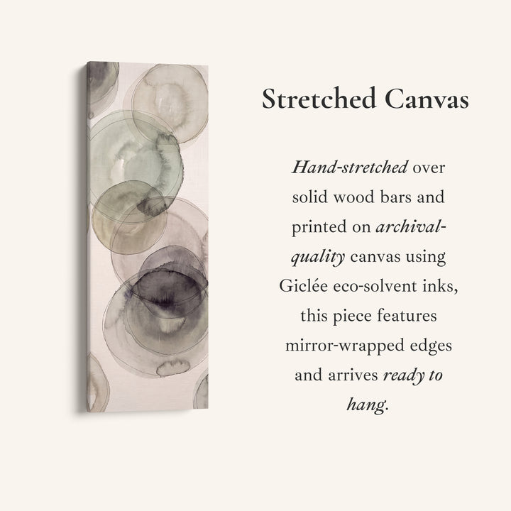 Office Wall Art Vertical Grey Watercolor Circles Abstract, full artwork view of this tall vertical canvas