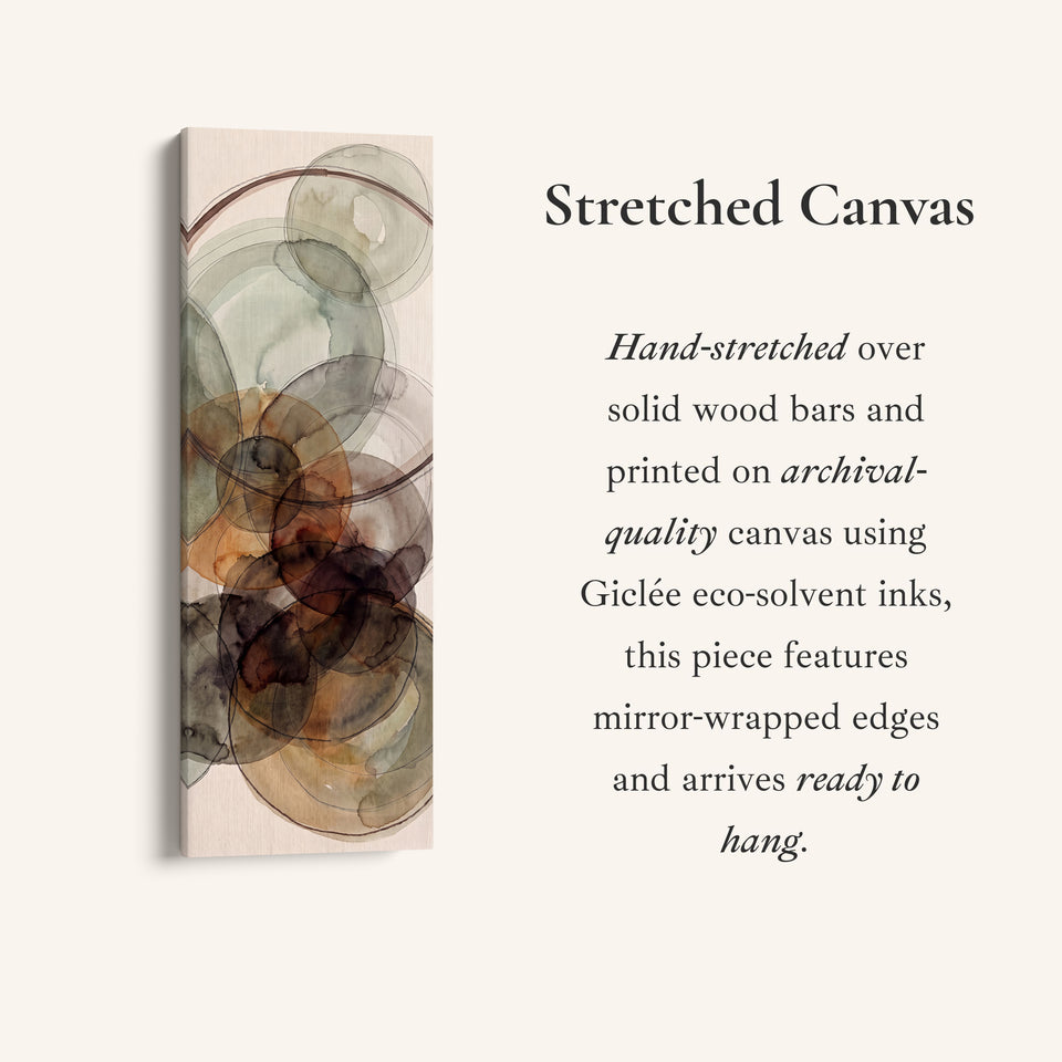 Tall Wall Art Rust and Sage Watercolor Circles Abstract for Dining Room, full artwork view of this tall vertical canvas