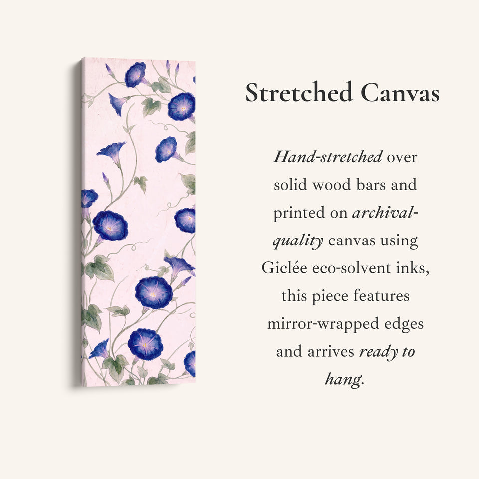 Living Room Wall Art Tall Narrow Blue Morning Glory Vines, full artwork view of this tall vertical canvas