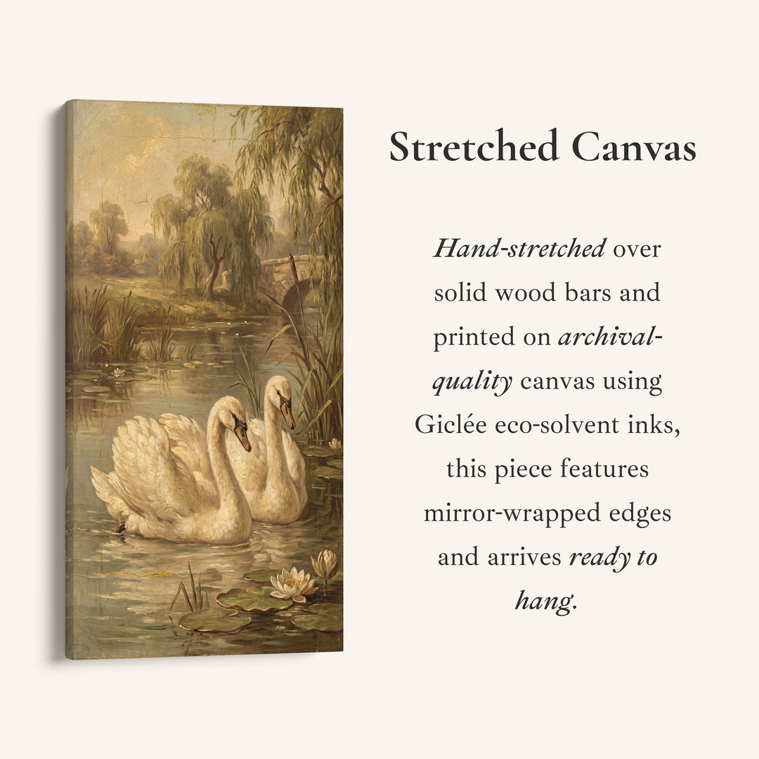 Swans On Pond Tall Wall Art Framed Canvas Print For Bedroom