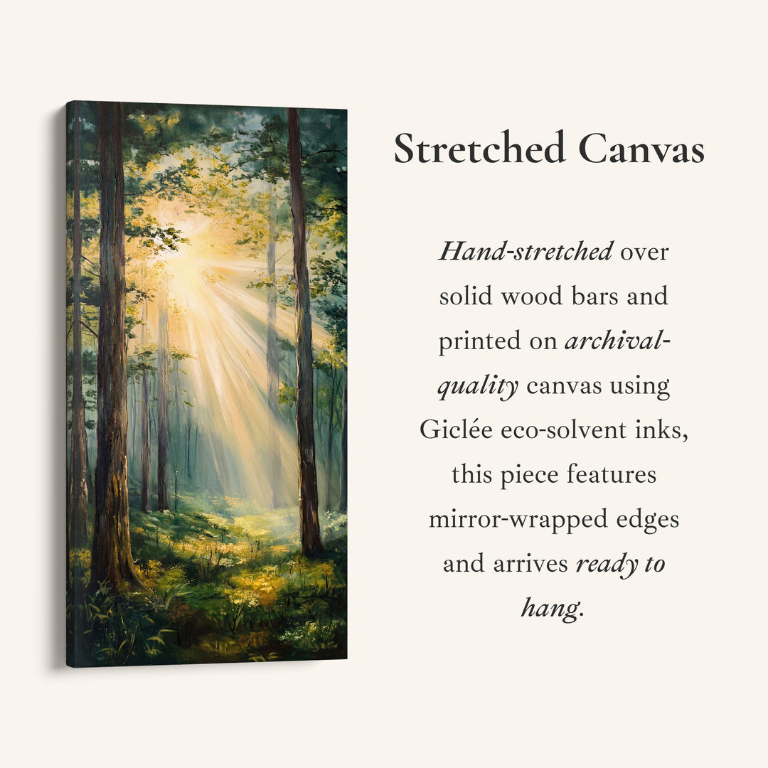 Sunlit Forest Rays Tall Wall Art Vertical Canvas For Bedroom