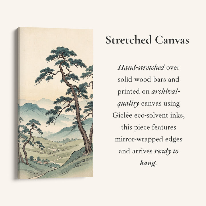 Narrow Japanese Wall Art Pine Tree Valley Vertical Canvas For Living Room