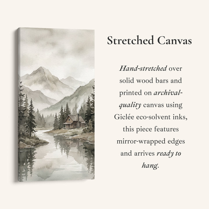 Vertical Wall Art Misty Mountain Lake Cabin Tall Canvas For Living Room