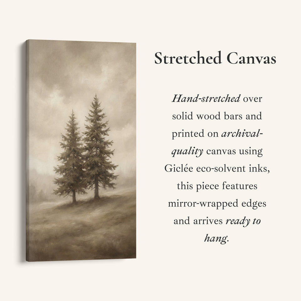 Narrow Wall Art Two Pine Trees In Fog Tall Canvas For Living Room