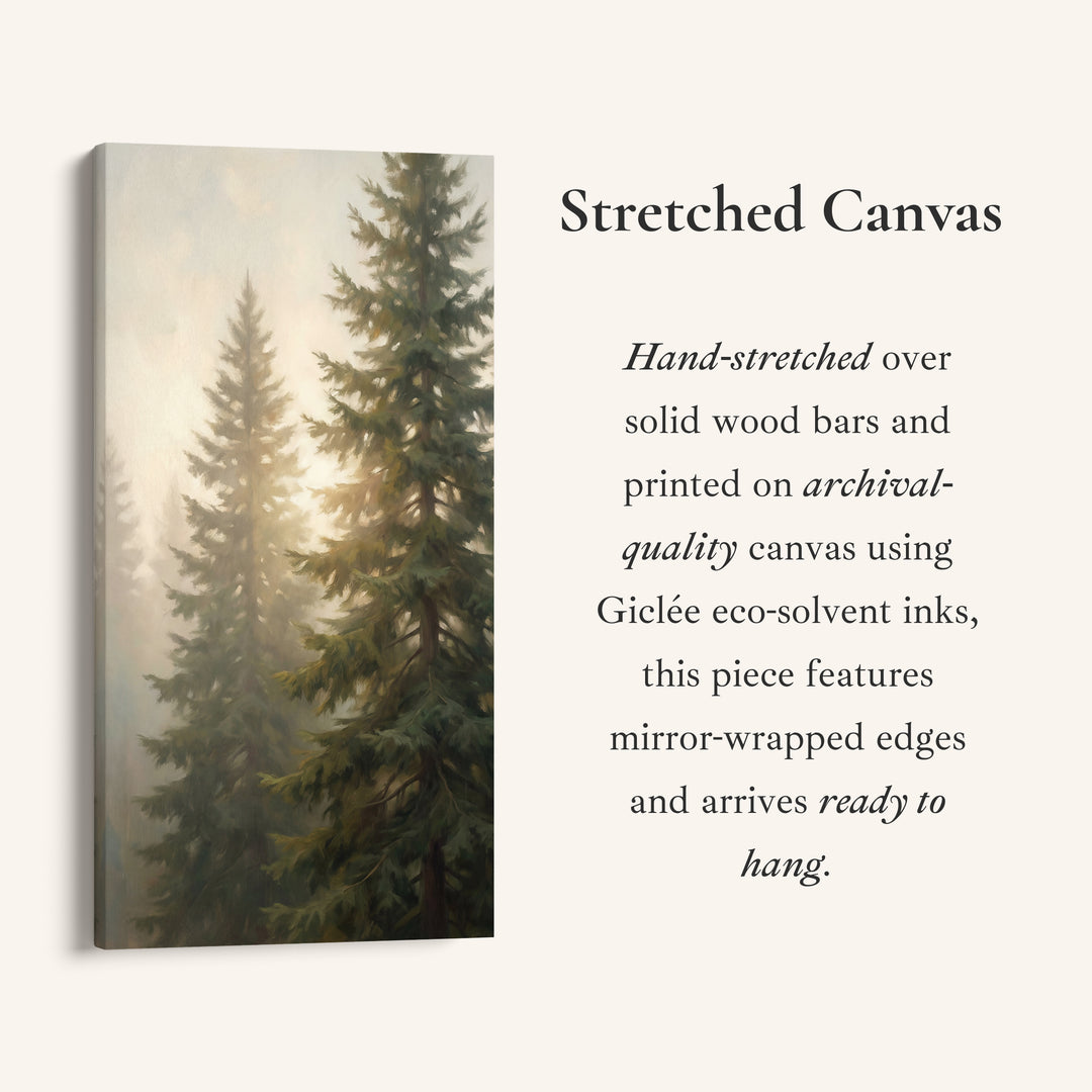 Evergreen Trees In Haze Tall Wall Art Framed Canvas Print For Bedroom