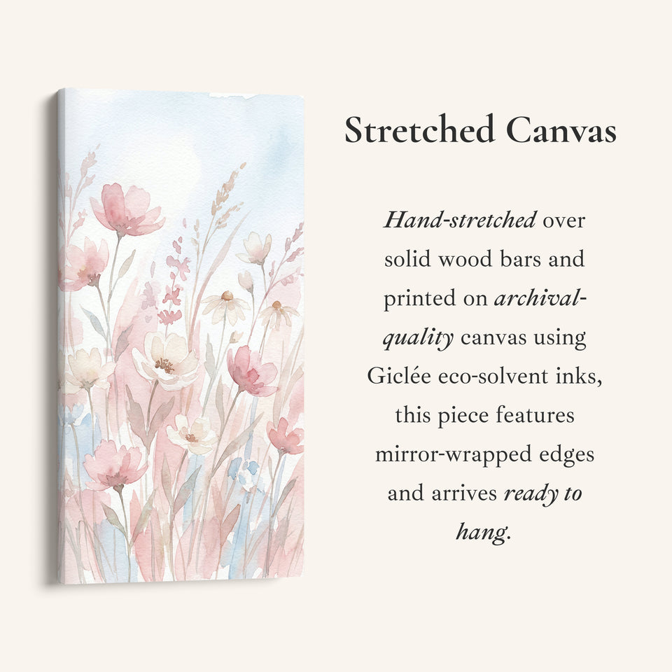 Long Wall Art Soft Pink Watercolour Flowers Tall Canvas For Bedroom
