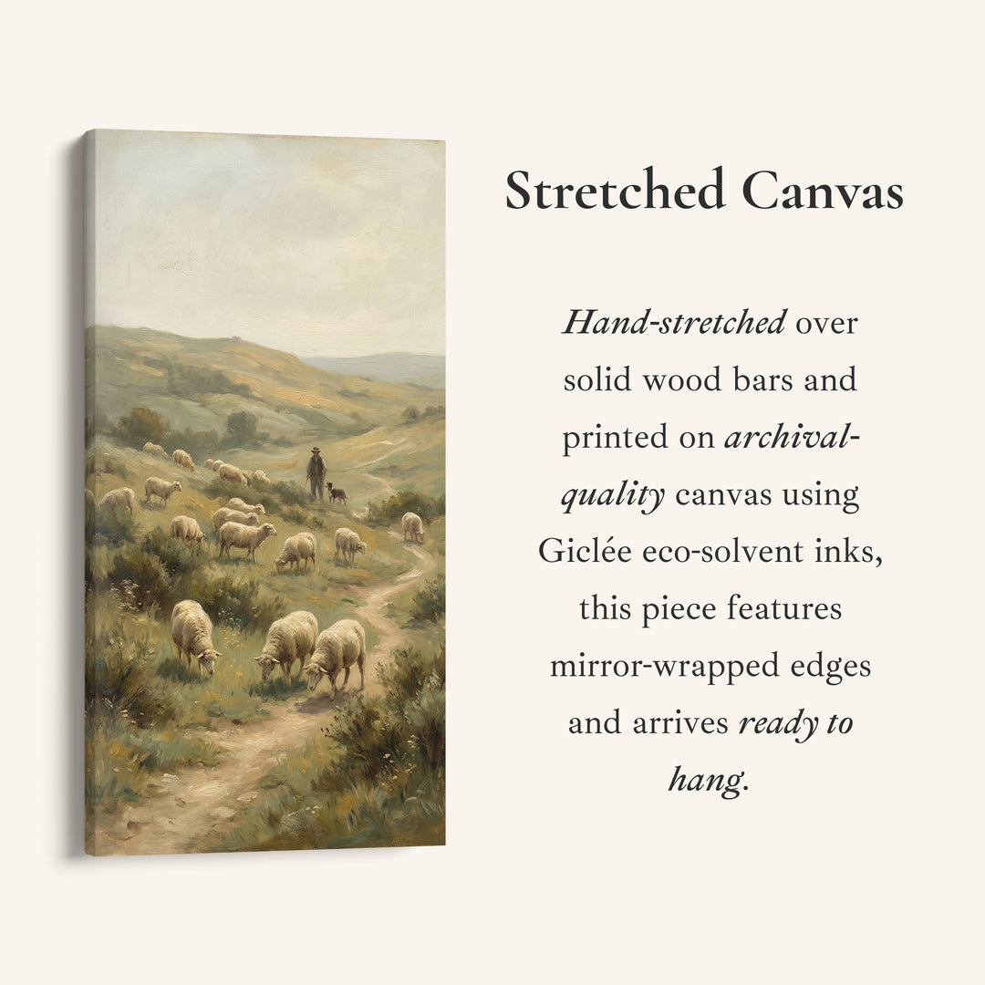 Shepherd With Sheep Hillside Vertical Wall Art Framed Canvas Print For Office