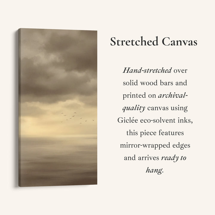 Tall Framed Canvas Foggy Seascape With Birds Tall Canvas For Living Room