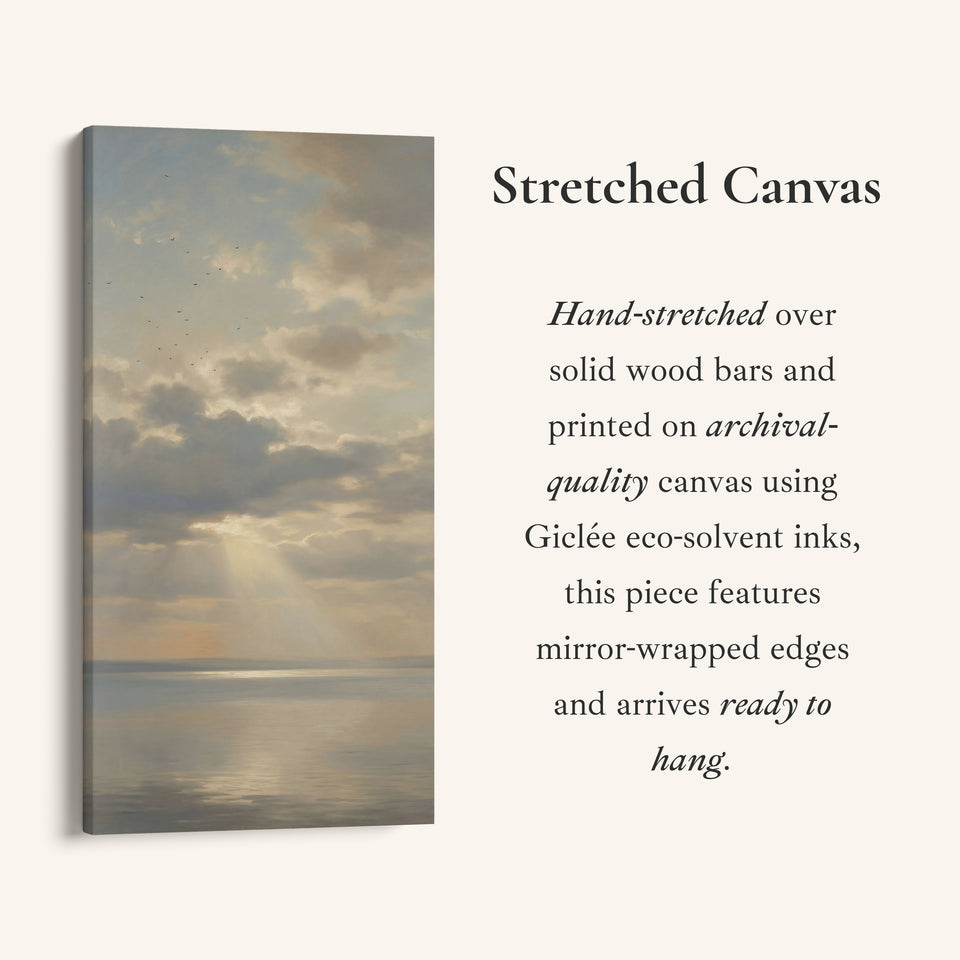 Tall Framed Canvas For Office Sun Rays Over Calm Sea Vertical Canvas