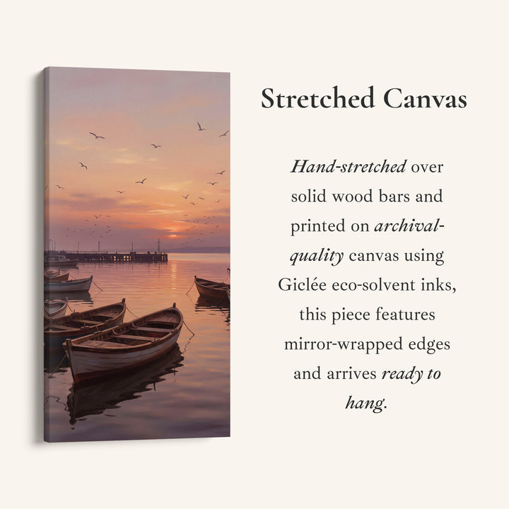 Boats Harbour Sunset Narrow Wall Art Framed Canvas Print For Bedroom