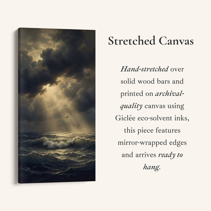 Dramatic Storm Ocean Sun Rays Tall Narrow Canvas Framed Canvas Print For Bedroom
