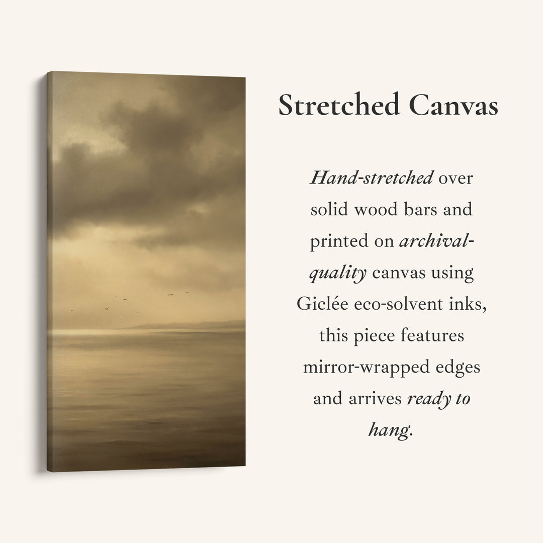 Tall Framed Canvas Muted Seascape With Birds Portrait Wall Art For Kitchen